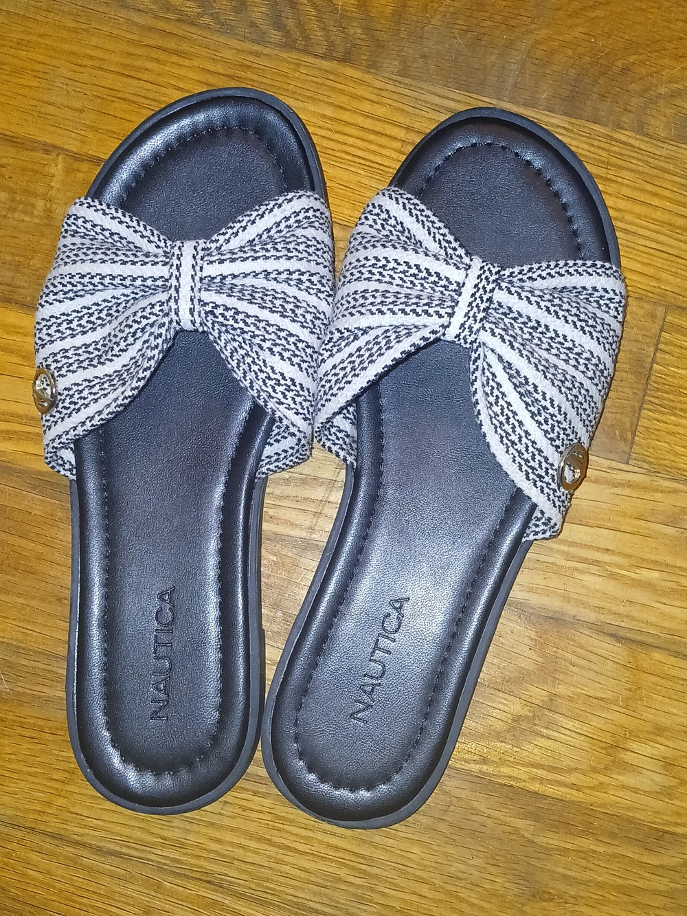 Nautica Black Slide Sandals with Cream-Striped Bow